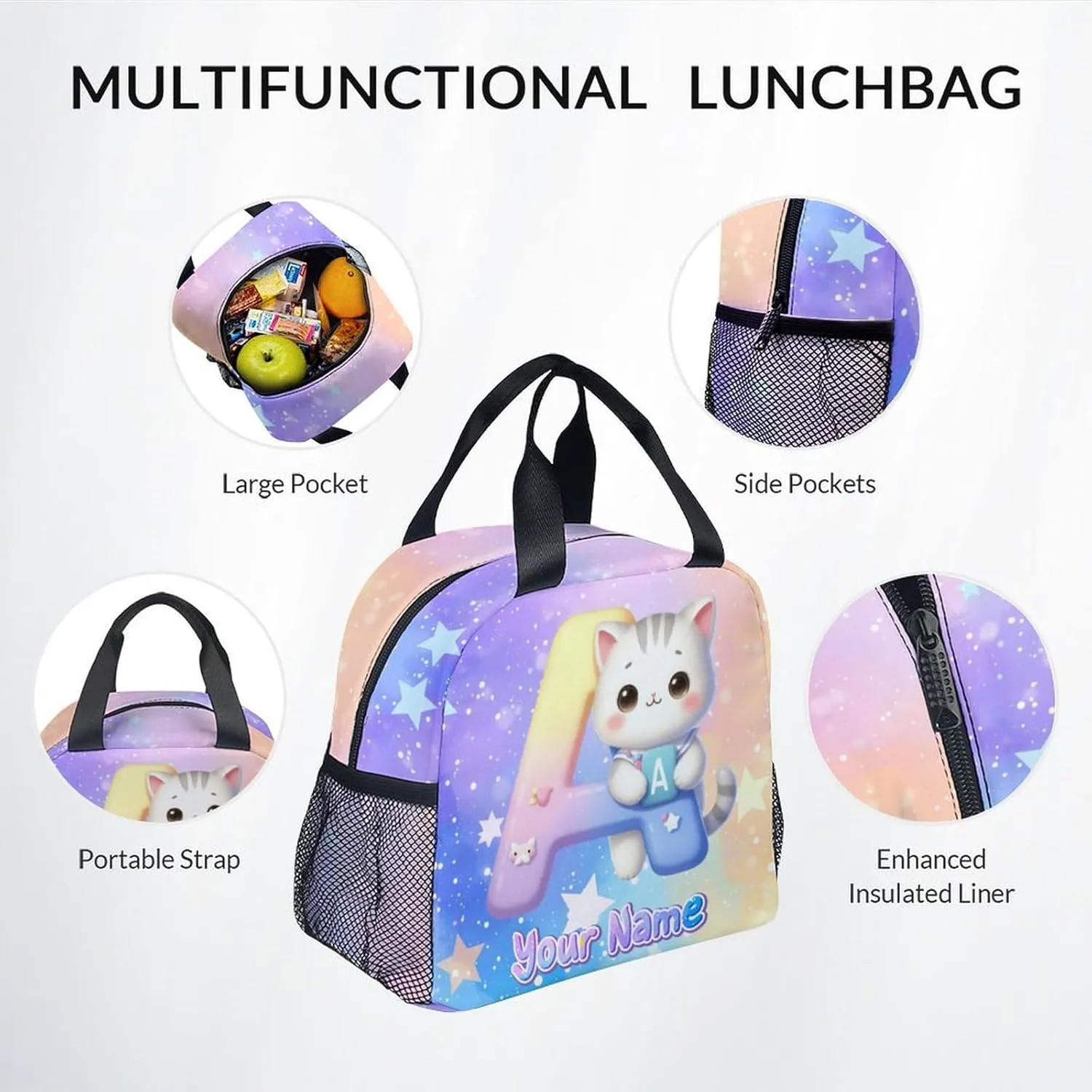 Kids Backpack Set for Girls, Personalized Cat Backpacks for School, Custom Initial Name Bookbag for Elementary, 17 Inch Cute Monogram Bookbags with Lunch Box and Pencil Case