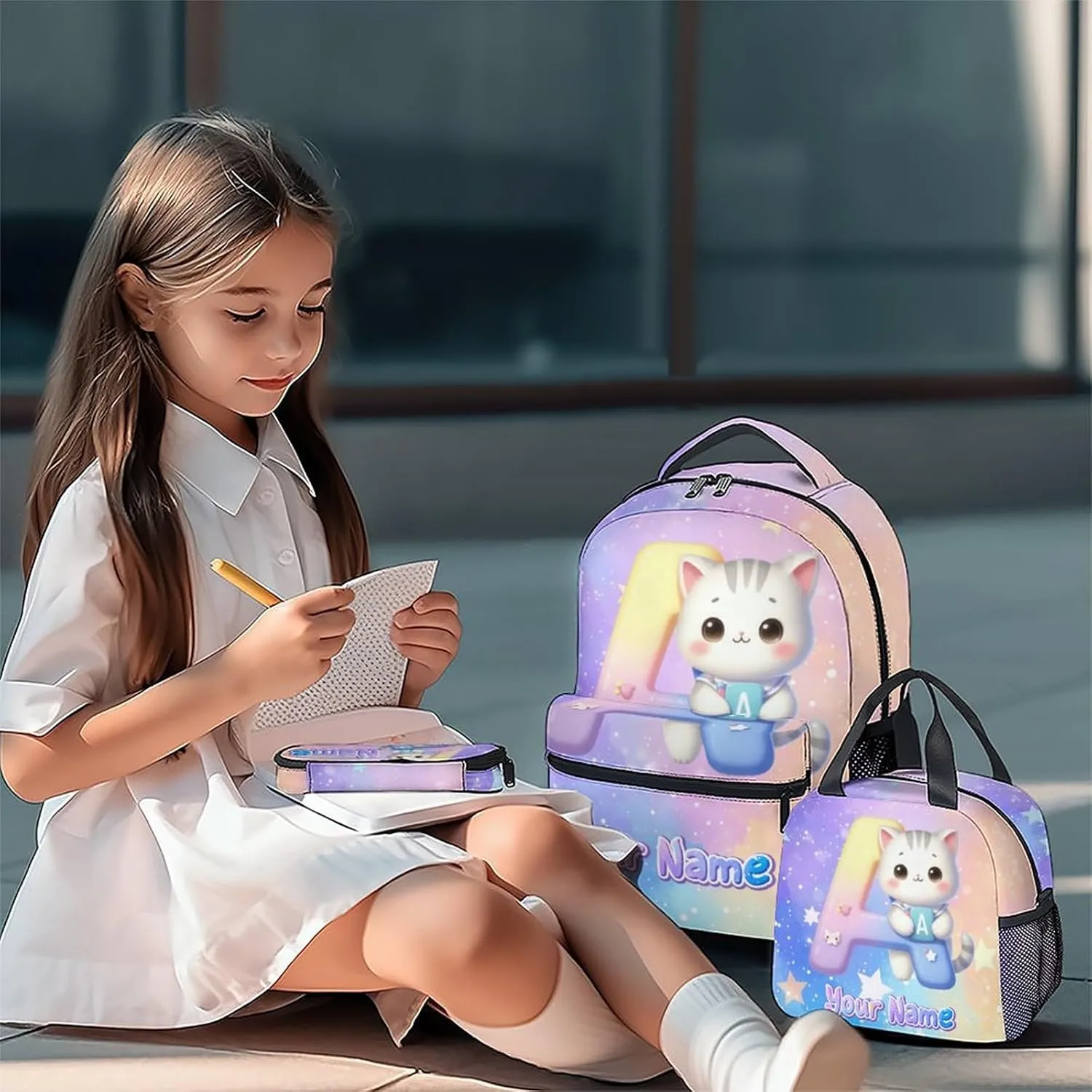 Kids Backpack Set for Girls, Personalized Cat Backpacks for School, Custom Initial Name Bookbag for Elementary, 17 Inch Cute Monogram Bookbags with Lunch Box and Pencil Case