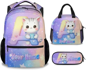 Kids Backpack Set for Girls, Personalized Cat Backpacks for School, Custom Initial Name Bookbag for Elementary, 17 Inch Cute Monogram Bookbags with Lunch Box and Pencil Case