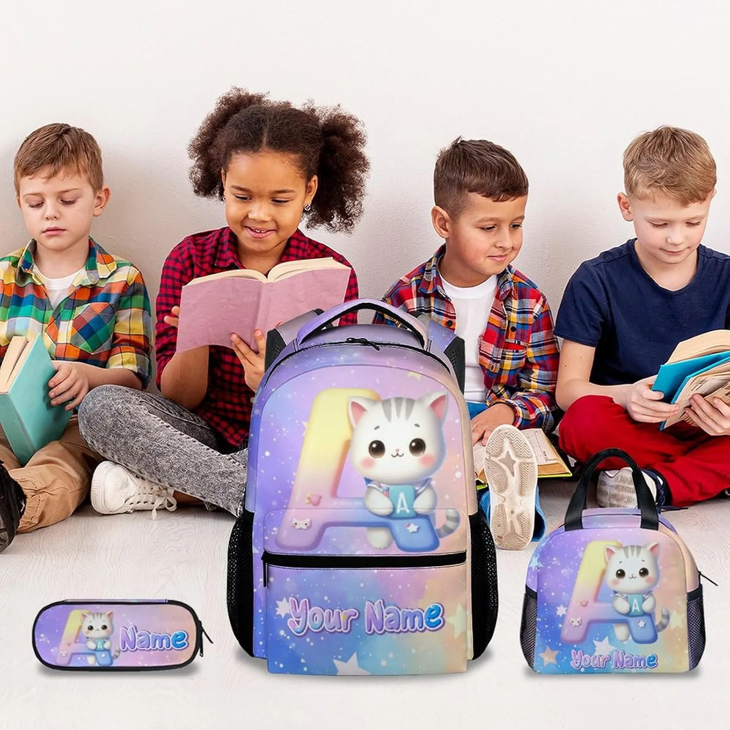 Kids Backpack Set for Girls, Personalized Cat Backpacks for School, Custom Initial Name Bookbag for Elementary, 17 Inch Cute Monogram Bookbags with Lunch Box and Pencil Case