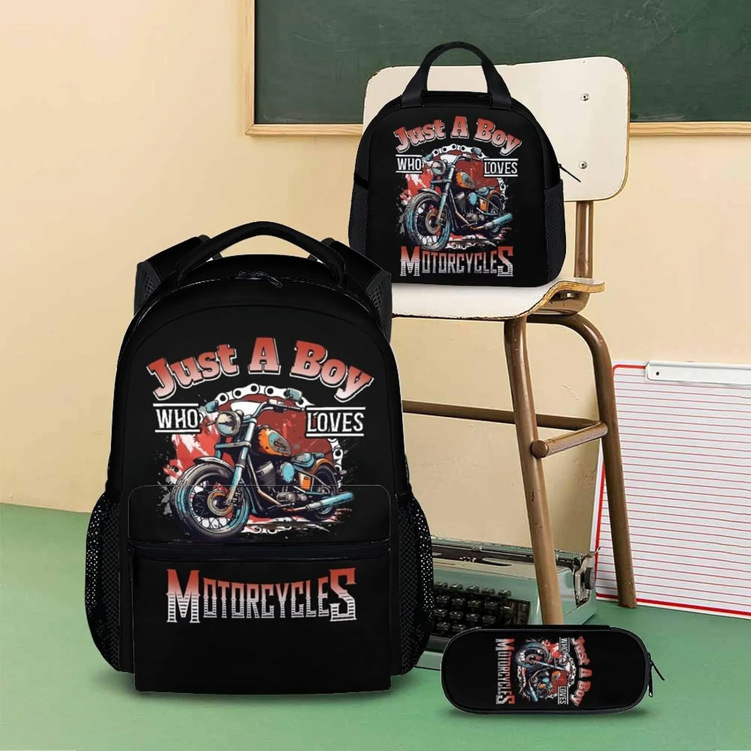 Kids Backpack with Lunch Box Set - 3Pcs Motorcycle School Backpacks Matching Combo - Black Bookbag and Pencil Case Bundle for Travel Hiking - Back to School Gifts for Boys