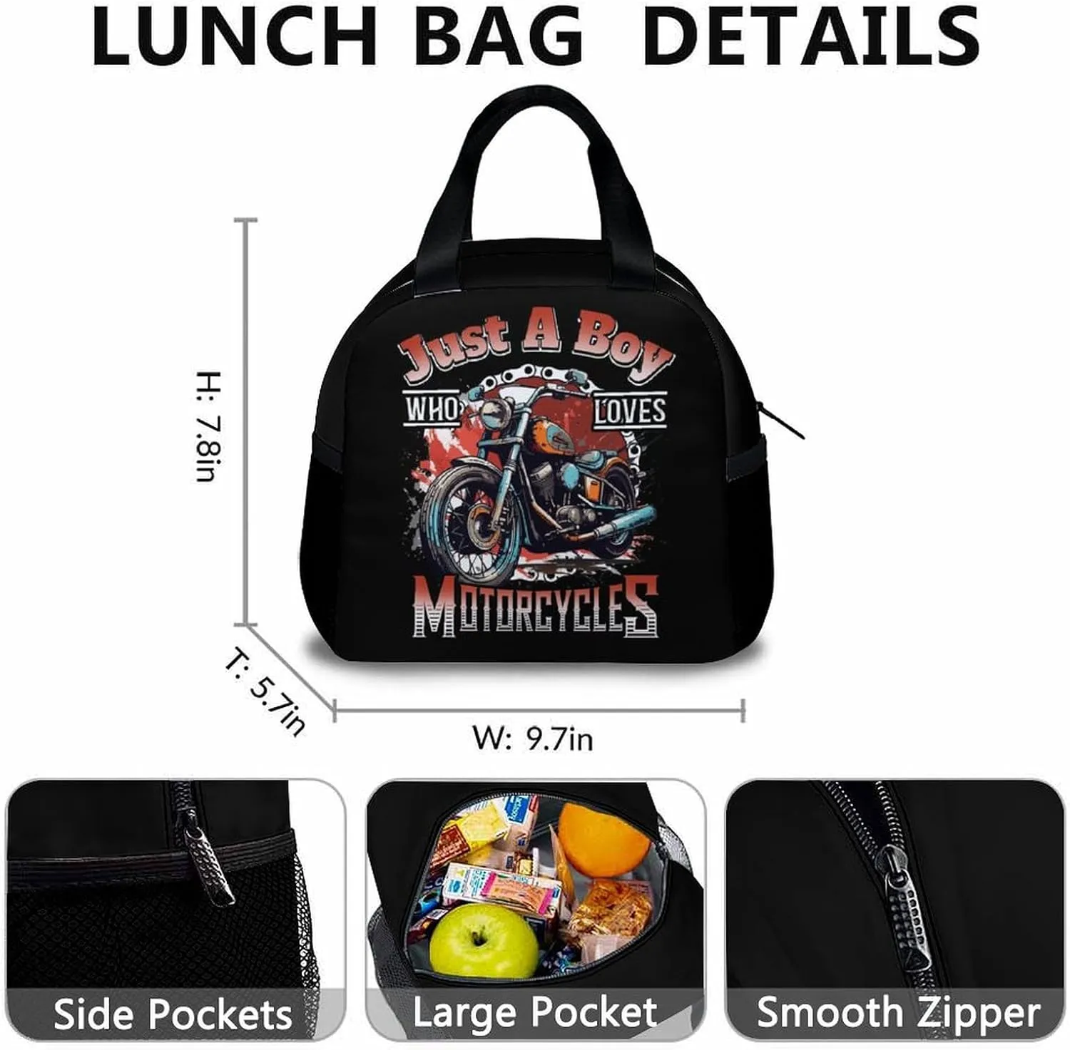 Kids Backpack with Lunch Box Set - 3Pcs Motorcycle School Backpacks Matching Combo - Black Bookbag and Pencil Case Bundle for Travel Hiking - Back to School Gifts for Boys