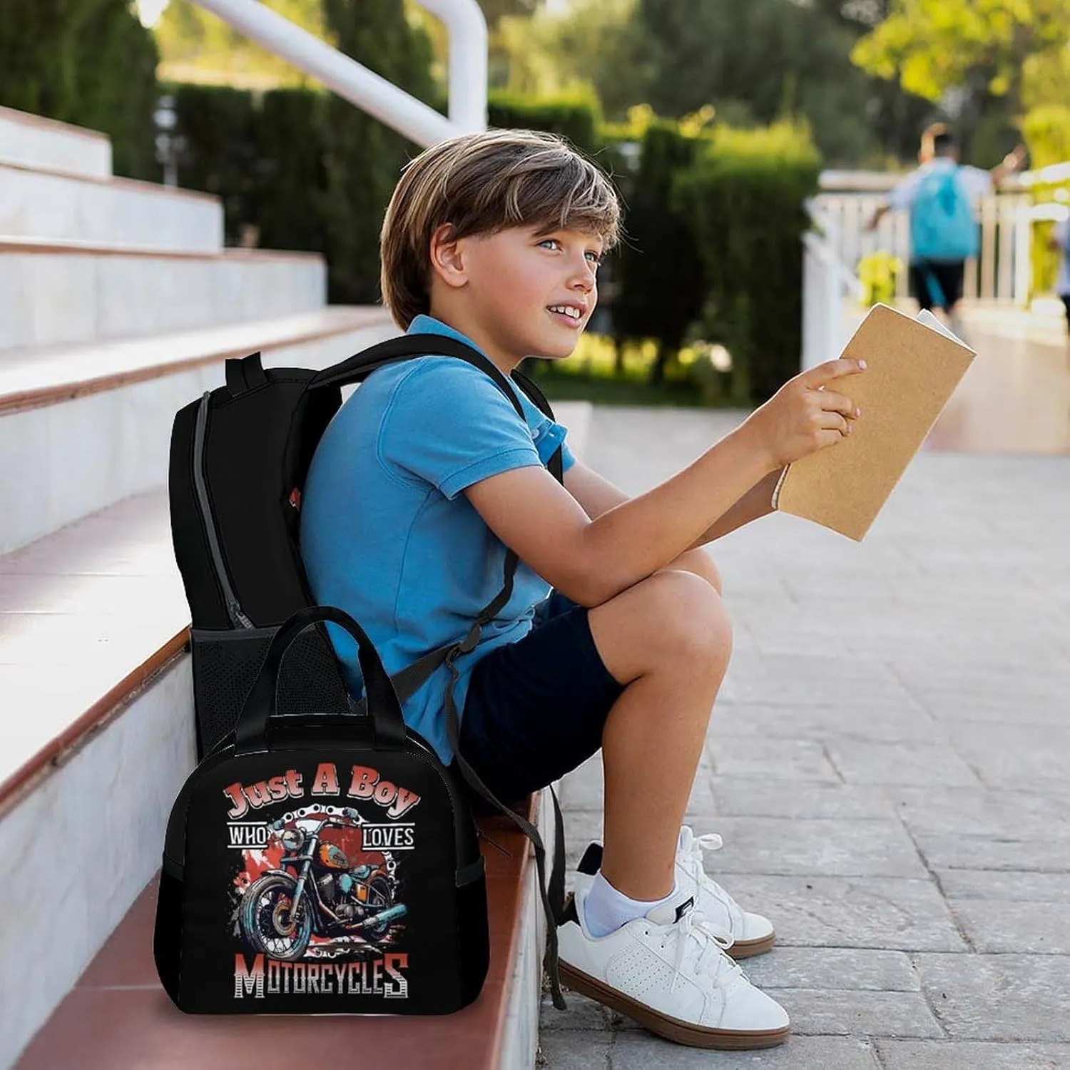 Kids Backpack with Lunch Box Set - 3Pcs Motorcycle School Backpacks Matching Combo - Black Bookbag and Pencil Case Bundle for Travel Hiking - Back to School Gifts for Boys