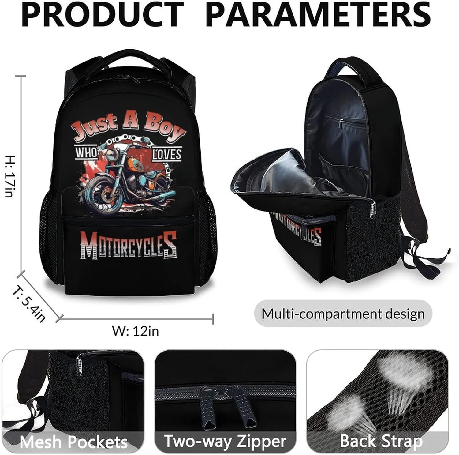 Kids Backpack with Lunch Box Set - 3Pcs Motorcycle School Backpacks Matching Combo - Black Bookbag and Pencil Case Bundle for Travel Hiking - Back to School Gifts for Boys
