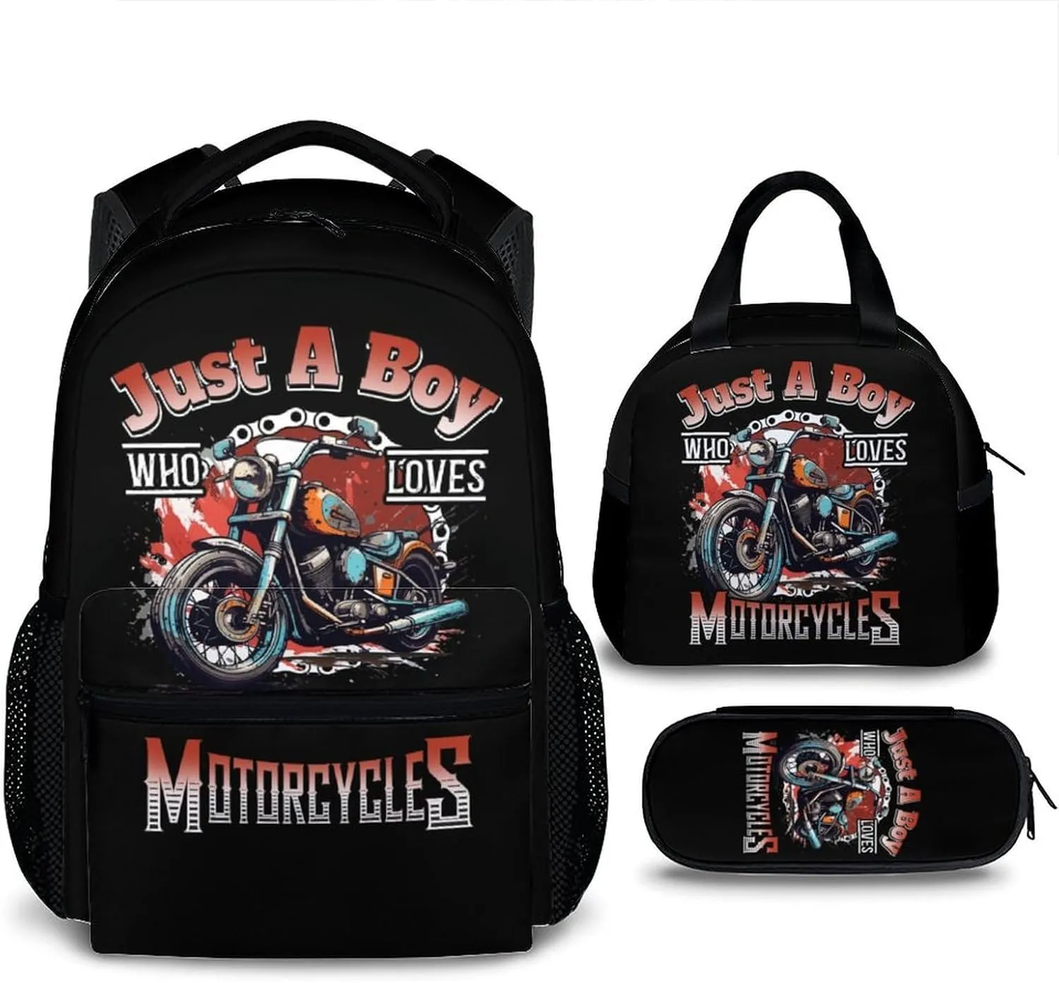 Kids Backpack with Lunch Box Set - 3Pcs Motorcycle School Backpacks Matching Combo - Black Bookbag and Pencil Case Bundle for Travel Hiking - Back to School Gifts for Boys