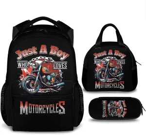 Kids Backpack with Lunch Box Set - 3Pcs Motorcycle School Backpacks Matching Combo - Black Bookbag and Pencil Case Bundle for Travel Hiking - Back to School Gifts for Boys