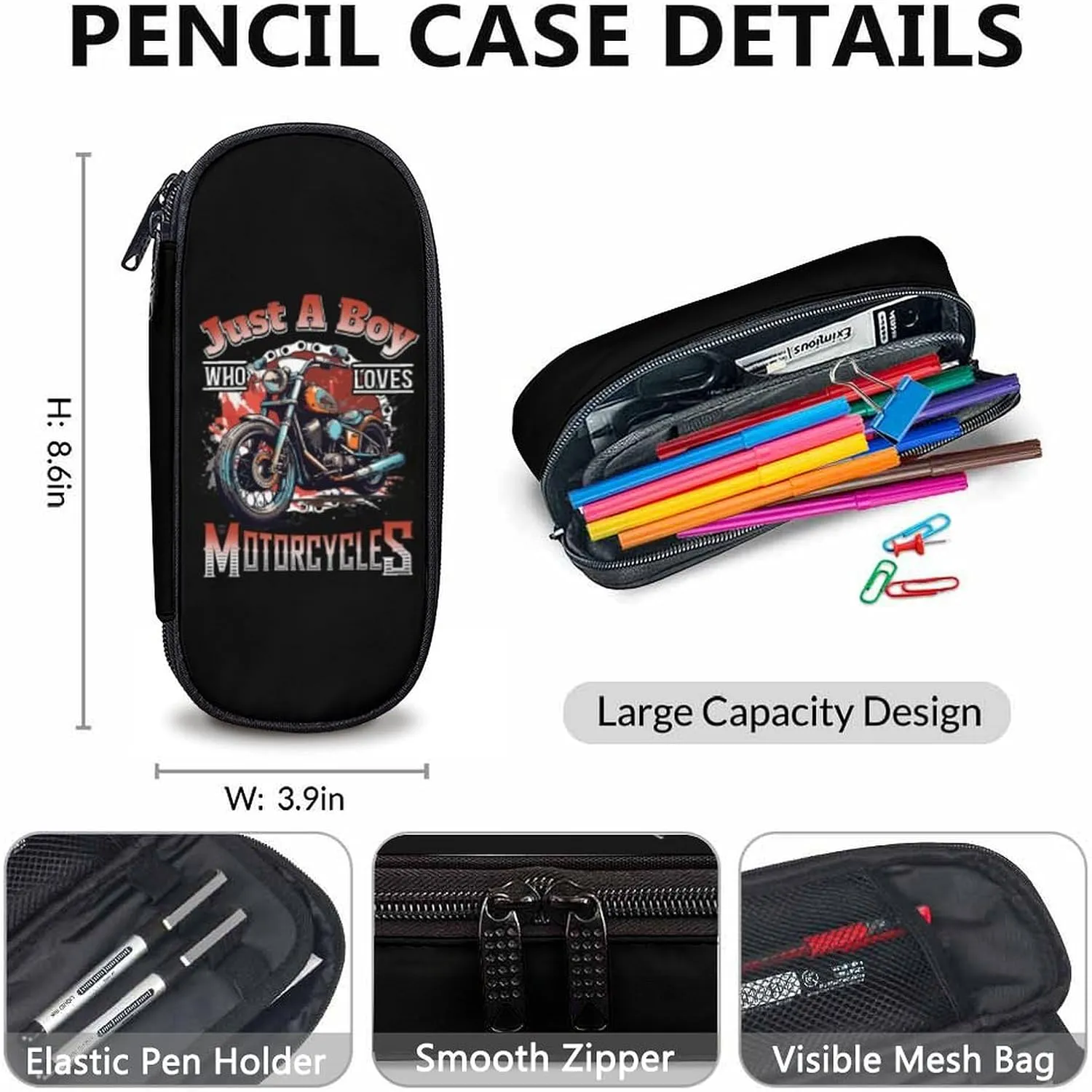Kids Backpack with Lunch Box Set - 3Pcs Motorcycle School Backpacks Matching Combo - Black Bookbag and Pencil Case Bundle for Travel Hiking - Back to School Gifts for Boys