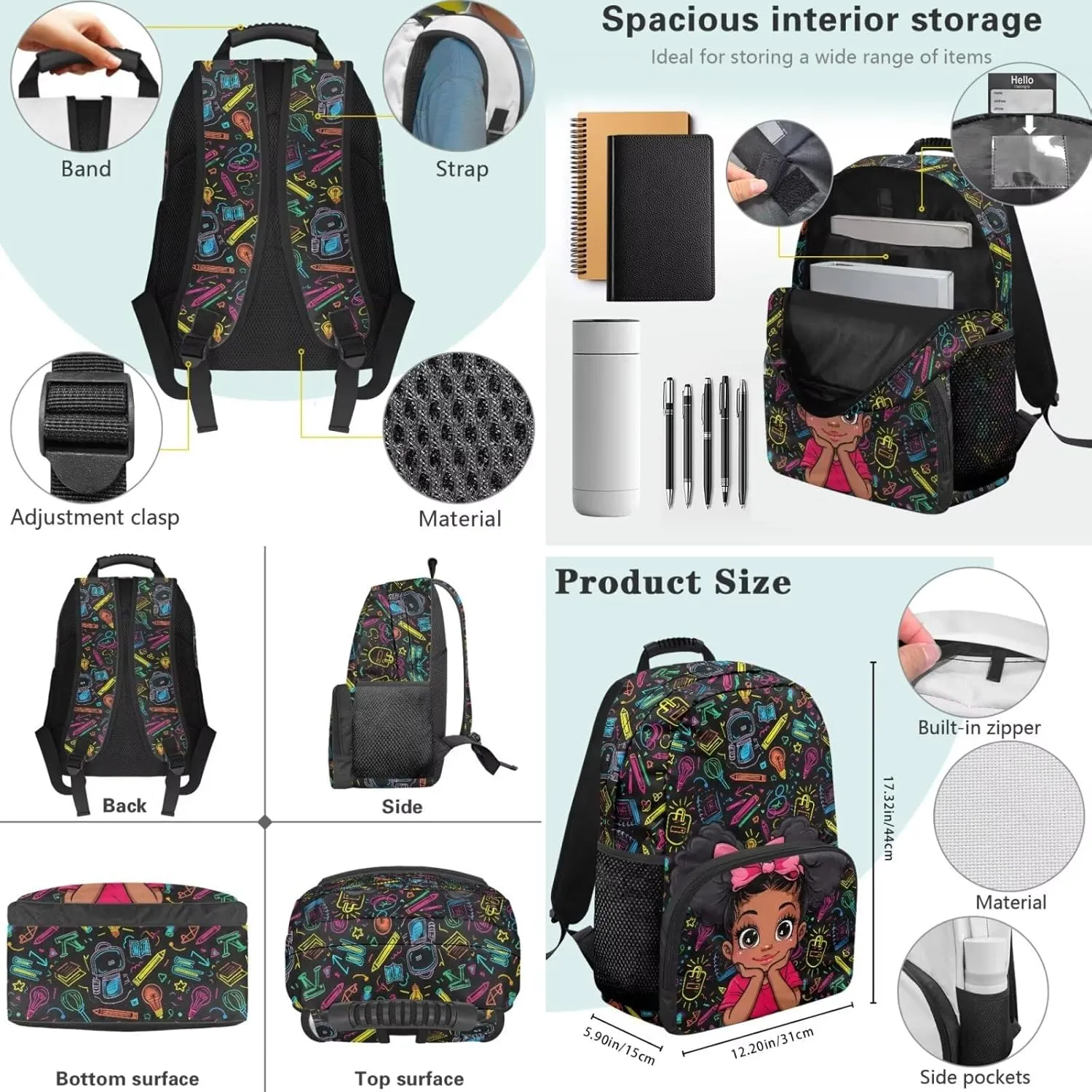 Kids' Backpacks Set Africa Girls Backpack School-Bag with Lunch Bag Pencil Case Set Backpack Travel Daypack Satchel with Adjustable Strap