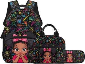 Kids' Backpacks Set Africa Girls Backpack School-Bag with Lunch Bag Pencil Case Set Backpack Travel Daypack Satchel with Adjustable Strap