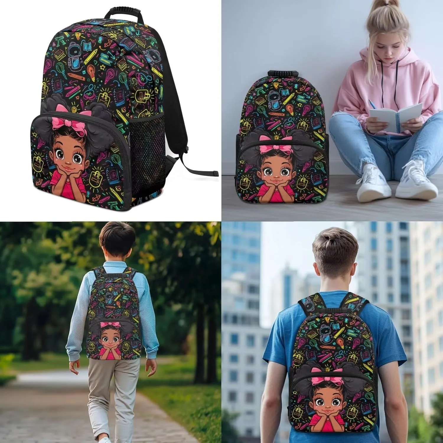 Kids' Backpacks Set Africa Girls Backpack School-Bag with Lunch Bag Pencil Case Set Backpack Travel Daypack Satchel with Adjustable Strap
