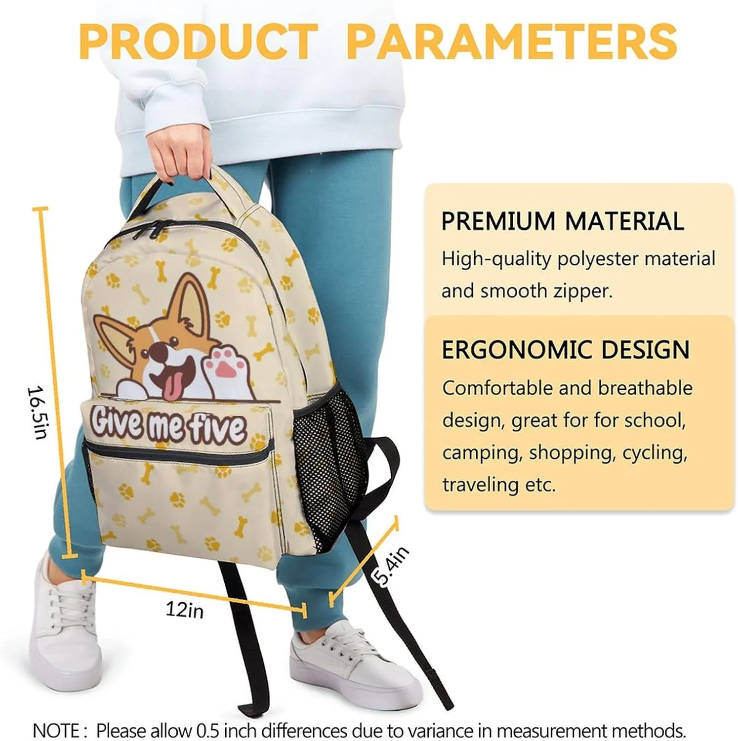 Kids Dog School Backpack for Boys Girls, 16" Corgi Dog Backpacks for School, Cute Pattern Large Capacity Bookbag for Elementary