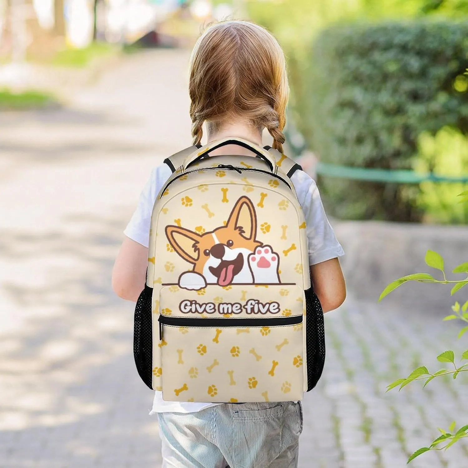 Kids Dog School Backpack for Boys Girls, 16" Corgi Dog Backpacks for School, Cute Pattern Large Capacity Bookbag for Elementary