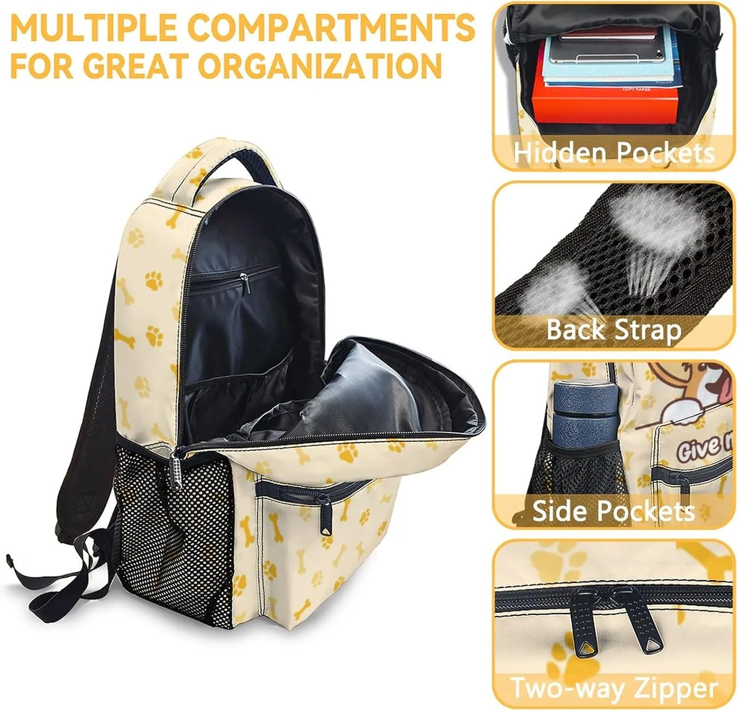 Kids Dog School Backpack for Boys Girls, 16" Corgi Dog Backpacks for School, Cute Pattern Large Capacity Bookbag for Elementary