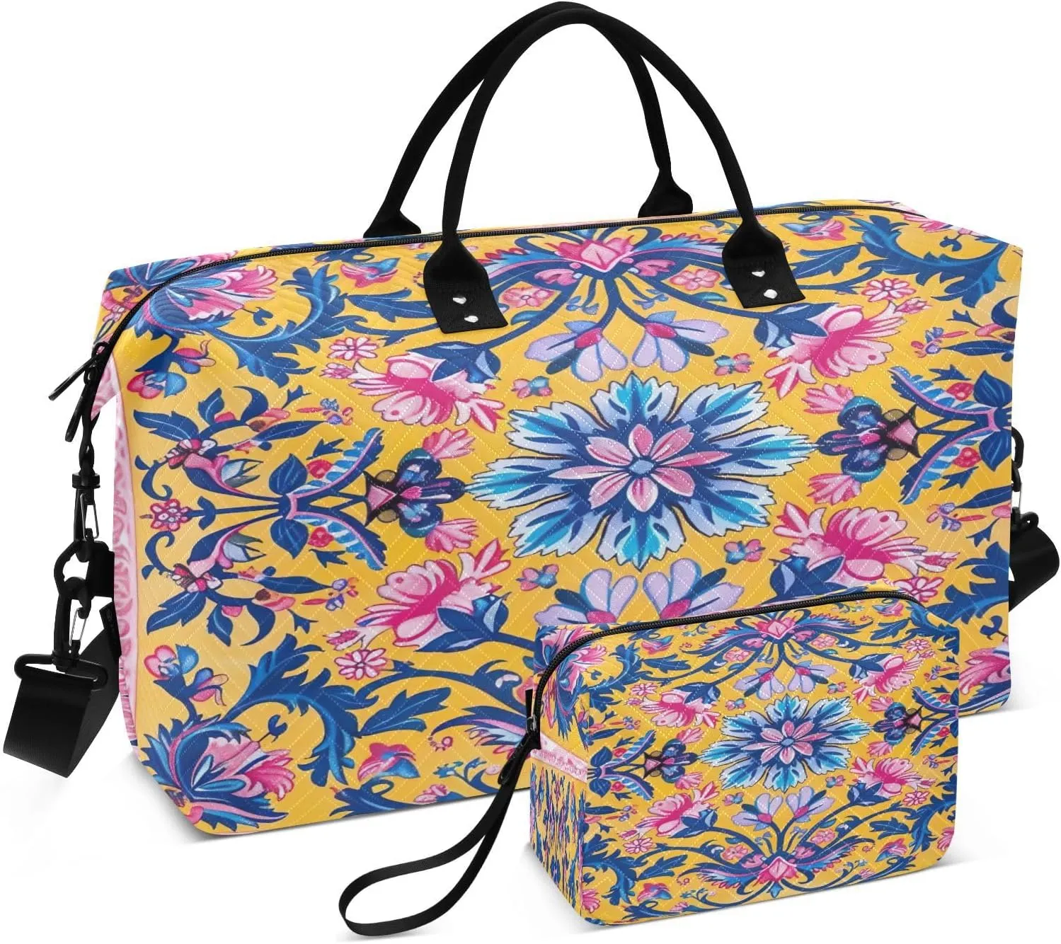 Kigai Russian Style Floral Patterns Travel Duffel Bags 2PCS,Sports Duffel Bags for Men Women,Weekender Overnight Bag Gym Tote Bag with Toiletry Bag