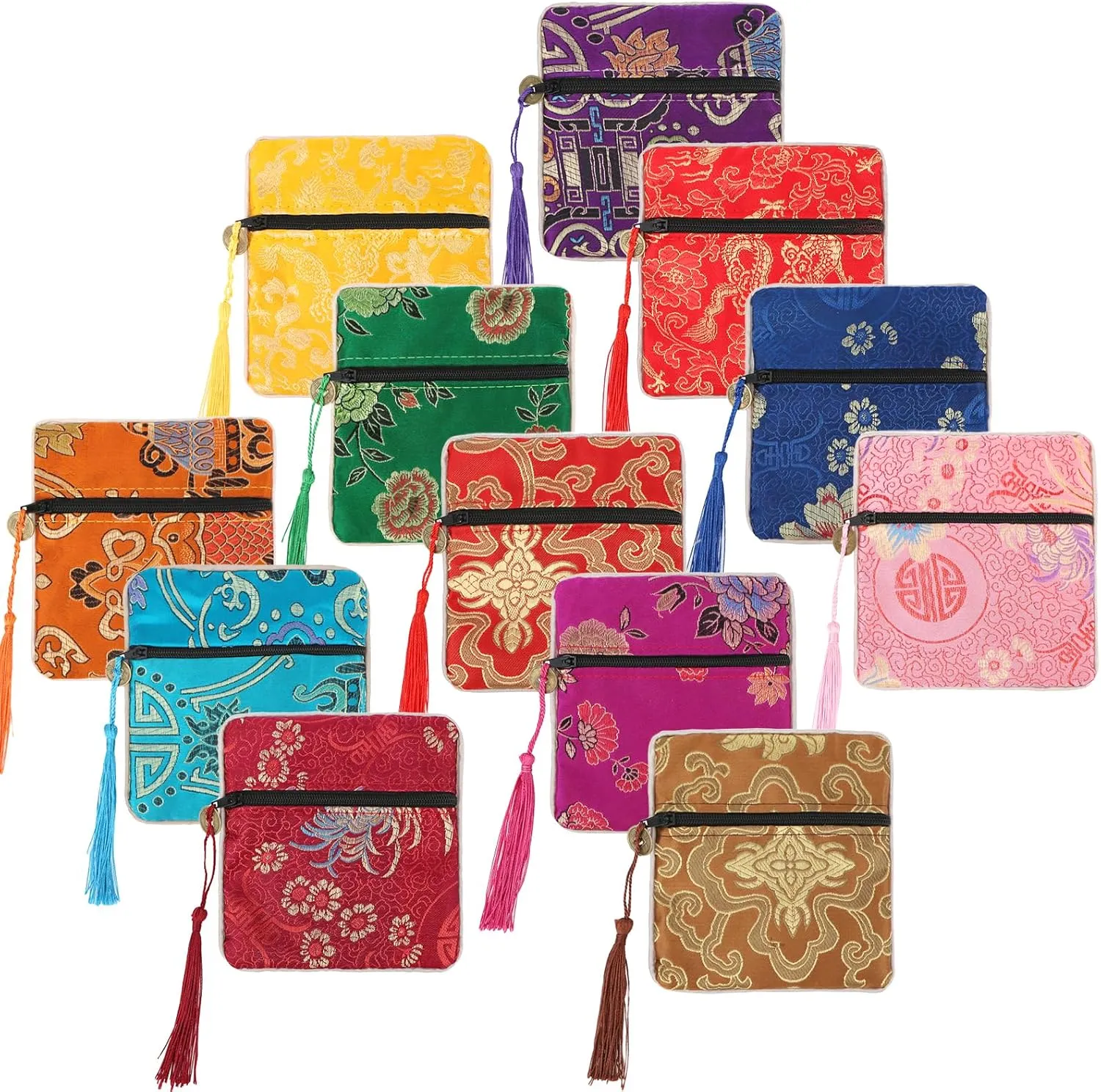 kilofly 12 pc Silk Brocade Tasseled Coin Purse Zipper Jewelry Bag Gift Pouch Set