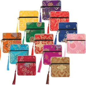 kilofly 12 pc Silk Brocade Tasseled Coin Purse Zipper Jewelry Bag Gift Pouch Set