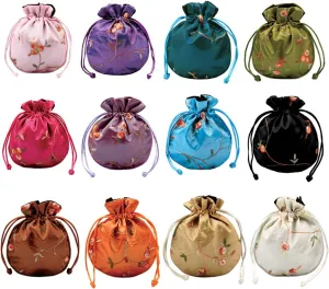 kilofly 12 Silk Coin Purse Drawstring Floral Embroidered Jewelry Bag Gift Pouch
