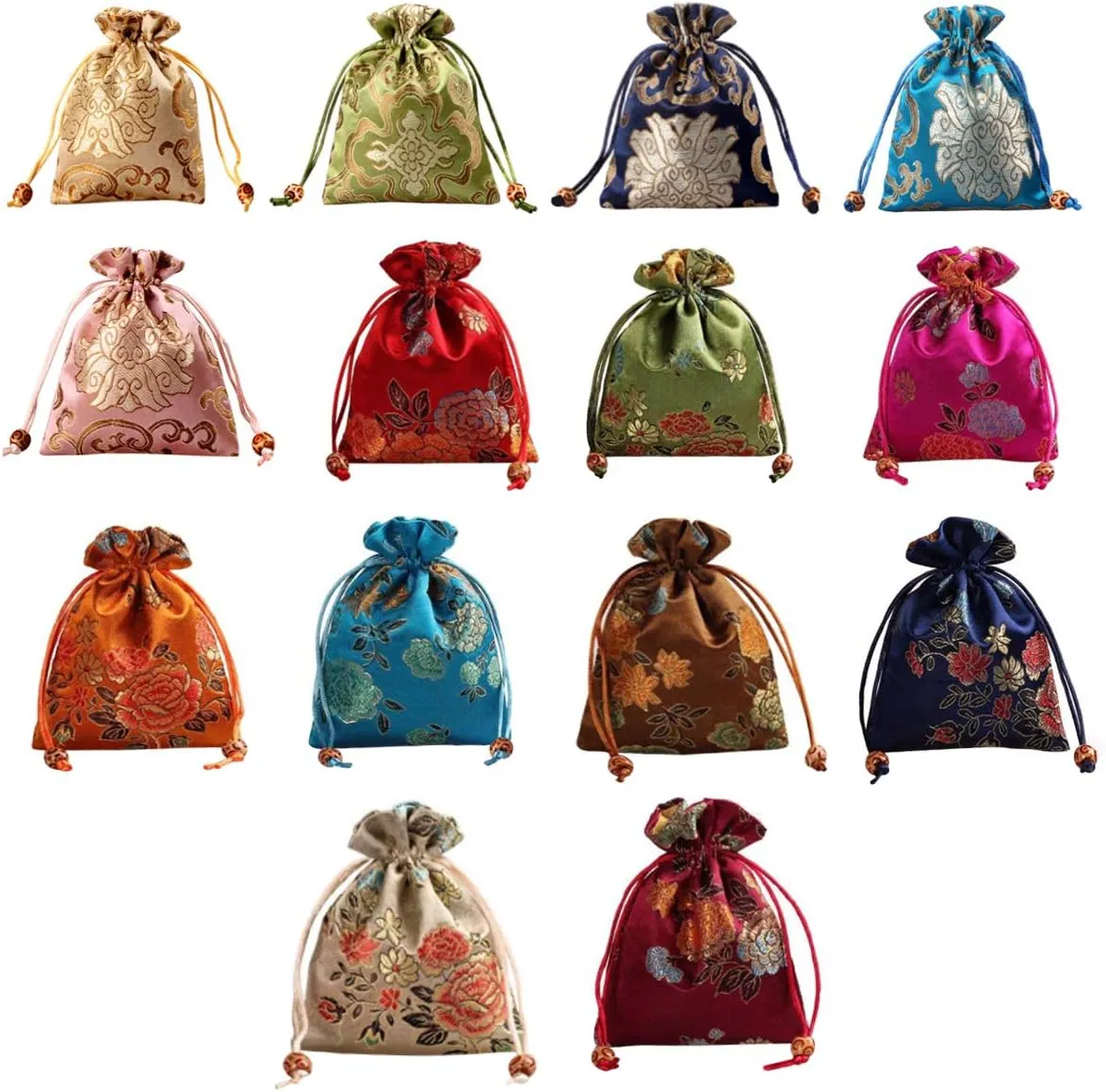 kilofly 14 pc Silk Brocade Jewelry Bag Double Layer Drawstring Coin Gift Pouch