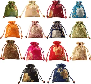 kilofly 14 pc Silk Brocade Jewelry Bag Double Layer Drawstring Coin Gift Pouch