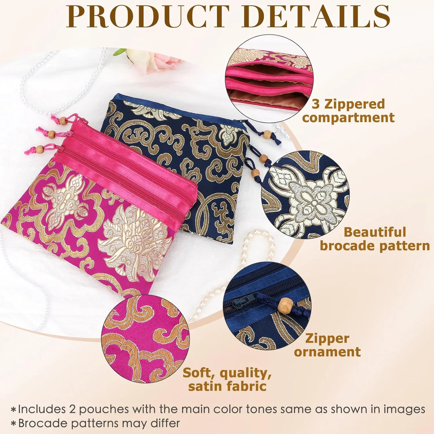 kilofly 2 pc Chinese Silk Brocade 3 Zipper Pocket Tassel Jewelry Bag Gift Pouch set2 C