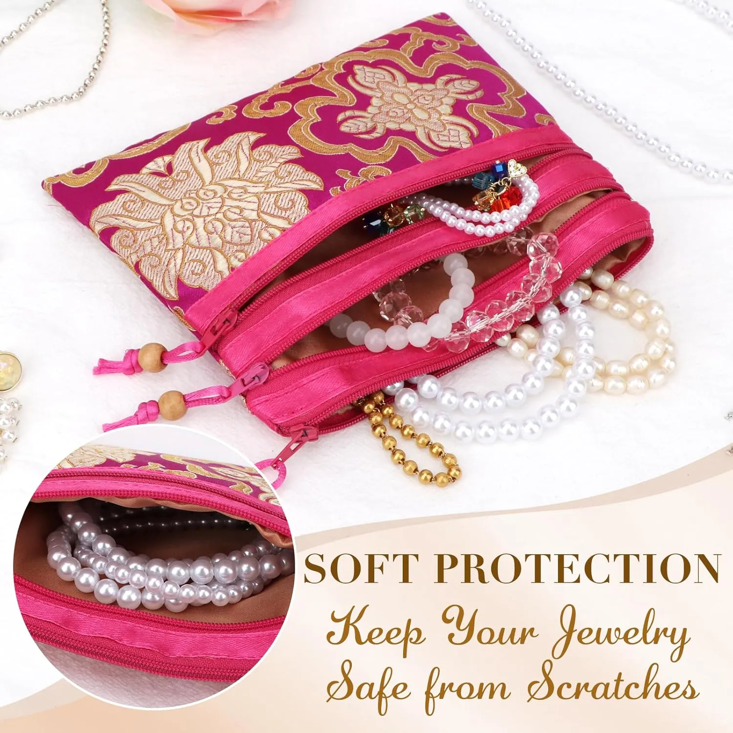 kilofly 2 pc Chinese Silk Brocade 3 Zipper Pocket Tassel Jewelry Bag Gift Pouch set2 C