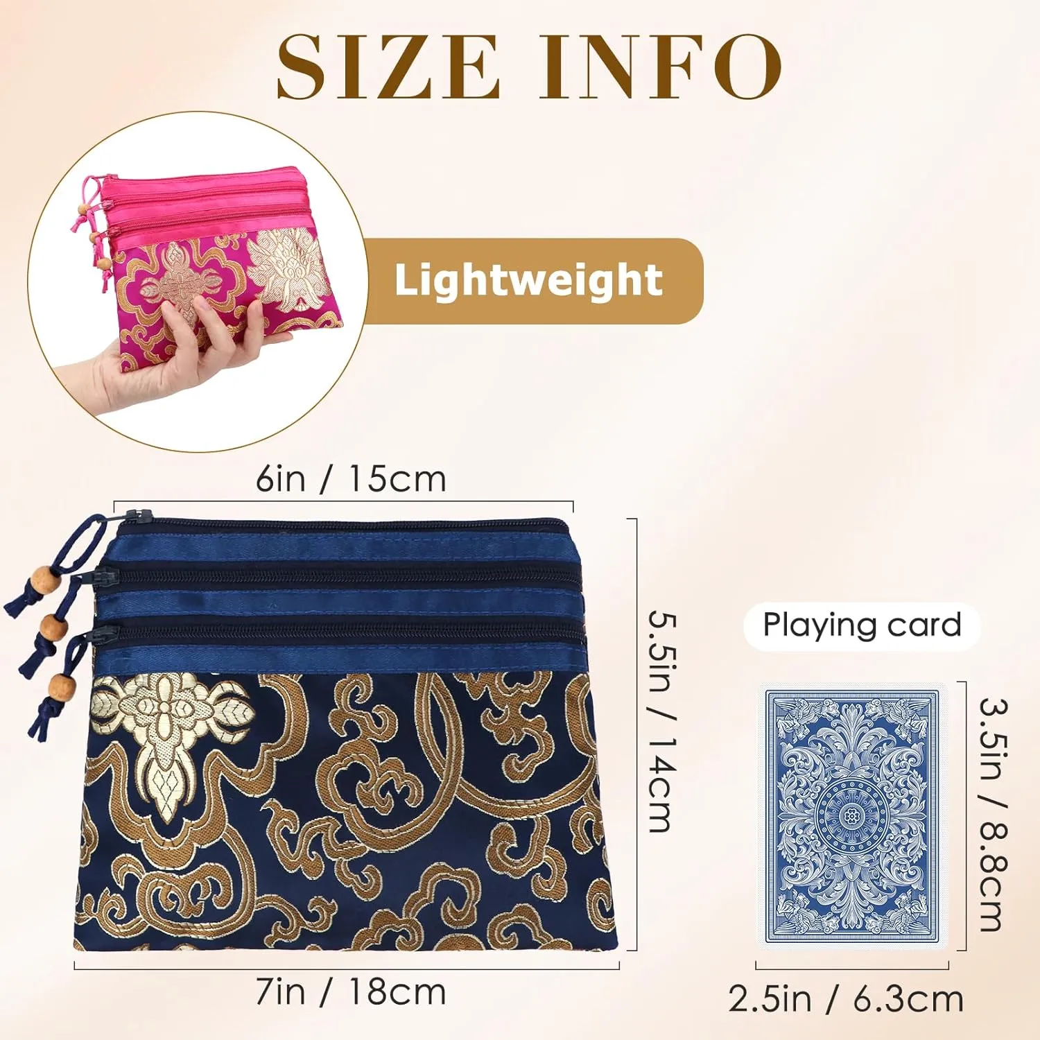 kilofly 2 pc Chinese Silk Brocade 3 Zipper Pocket Tassel Jewelry Bag Gift Pouch set2 C