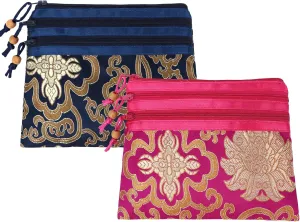 kilofly 2 pc Chinese Silk Brocade 3 Zipper Pocket Tassel Jewelry Bag Gift Pouch set2 C