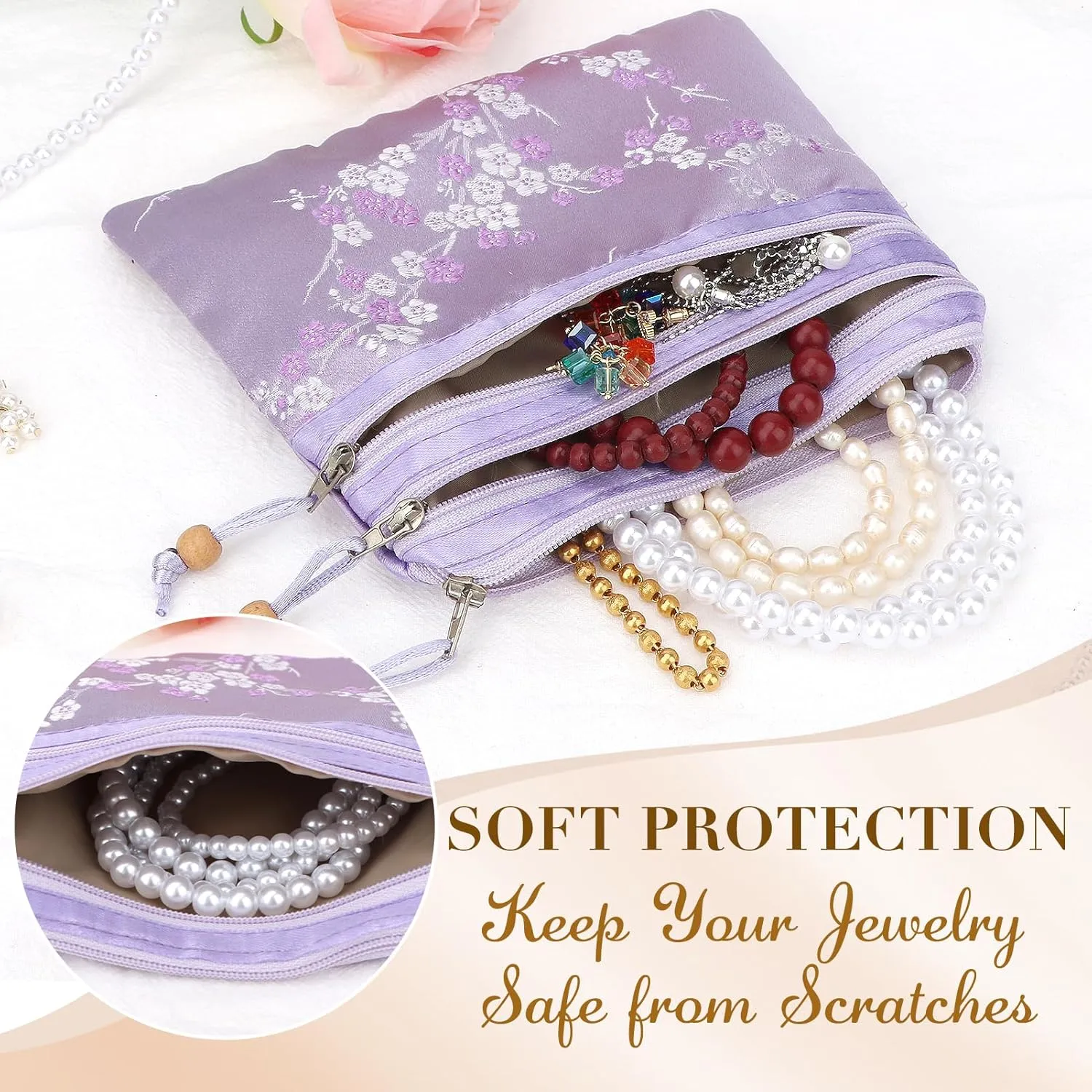 kilofly 2 pc Chinese Silk Brocade 3 Zipper Pocket Tassel Jewelry Bag Gift Pouch