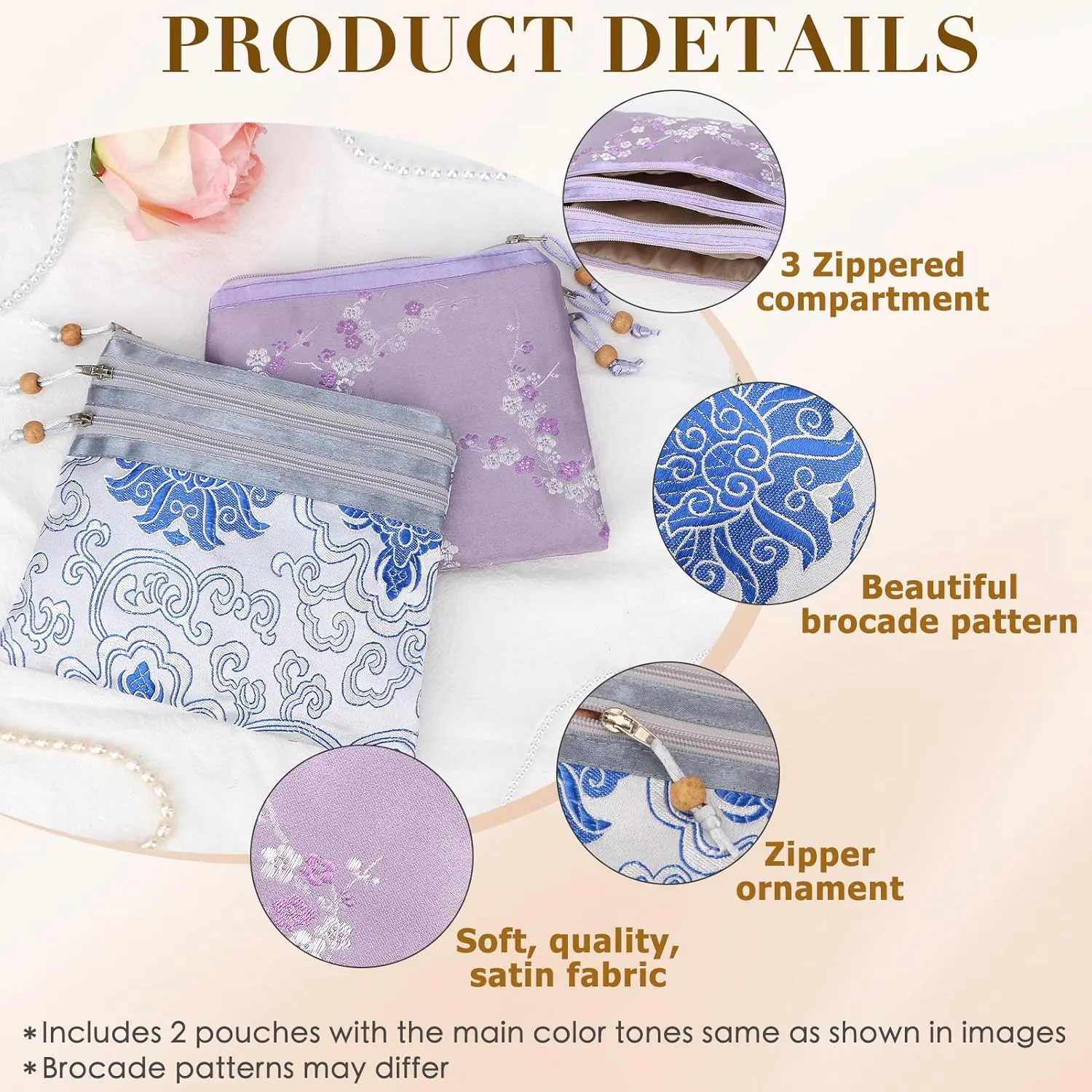kilofly 2 pc Chinese Silk Brocade 3 Zipper Pocket Tassel Jewelry Bag Gift Pouch