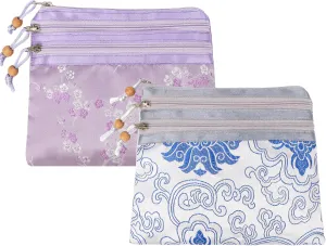 kilofly 2 pc Chinese Silk Brocade 3 Zipper Pocket Tassel Jewelry Bag Gift Pouch