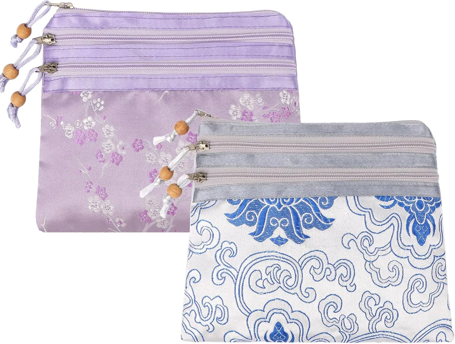 kilofly 2 pc Chinese Silk Brocade 3 Zipper Pocket Tassel Jewelry Bag Gift Pouch