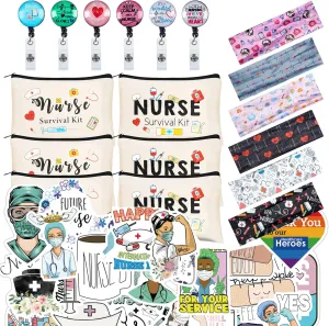 Kolewo4ever 118pcs Nurse Appreciation Gifts Nurses Week Gifts 6 Nurse Badge Reel Retractable 6 Nurse Makeup Bags Cosmetic Bag 6 Nursing Headbands 100 Nurse Stickers