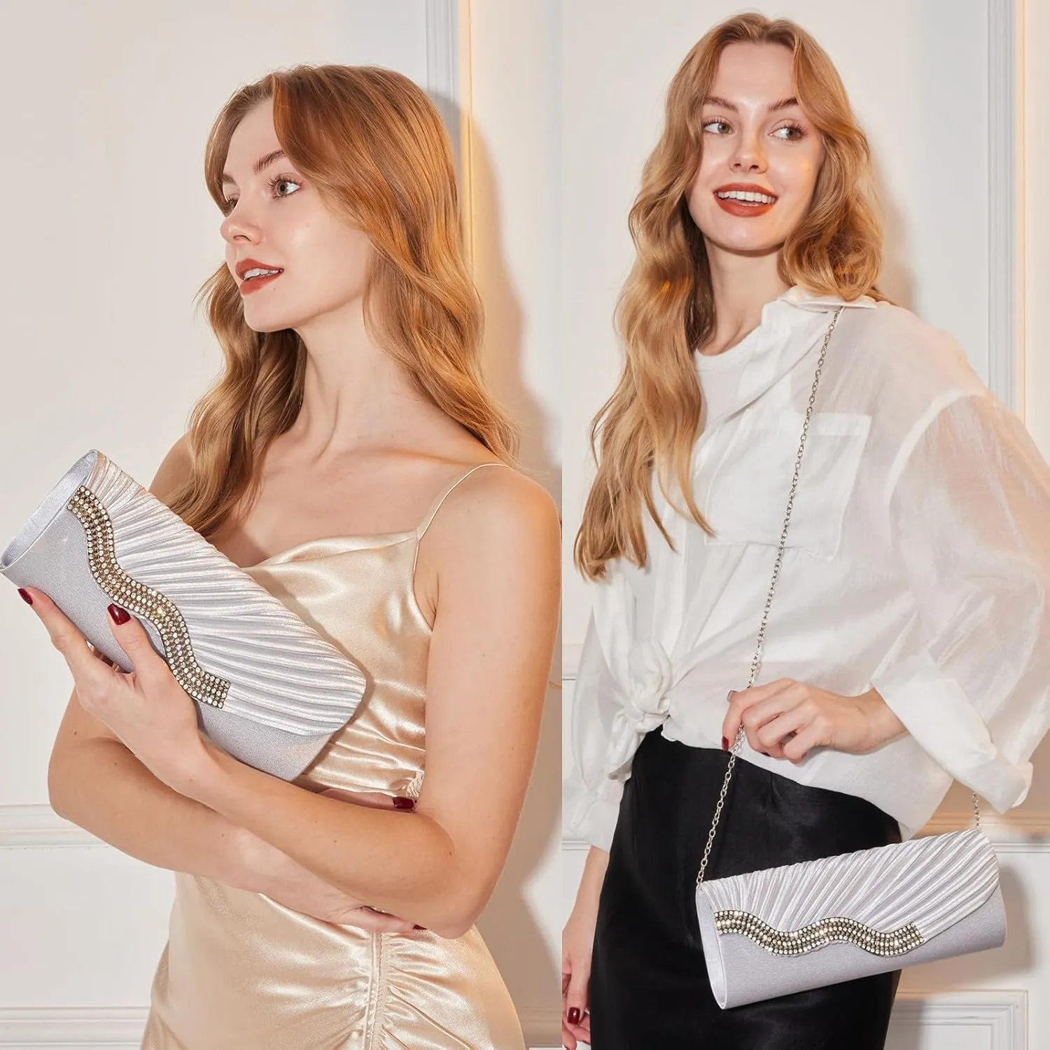 Kseymeir Evening Clutch Purses for Women Evening Bag Pleated Satin Handbags Chain Bag