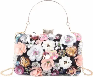 KUANG! Women's Floral Flower Evening Handbags Colorful Rhinestone Clutch Purses Floral Bride Wedding Chain Shoulder Bag