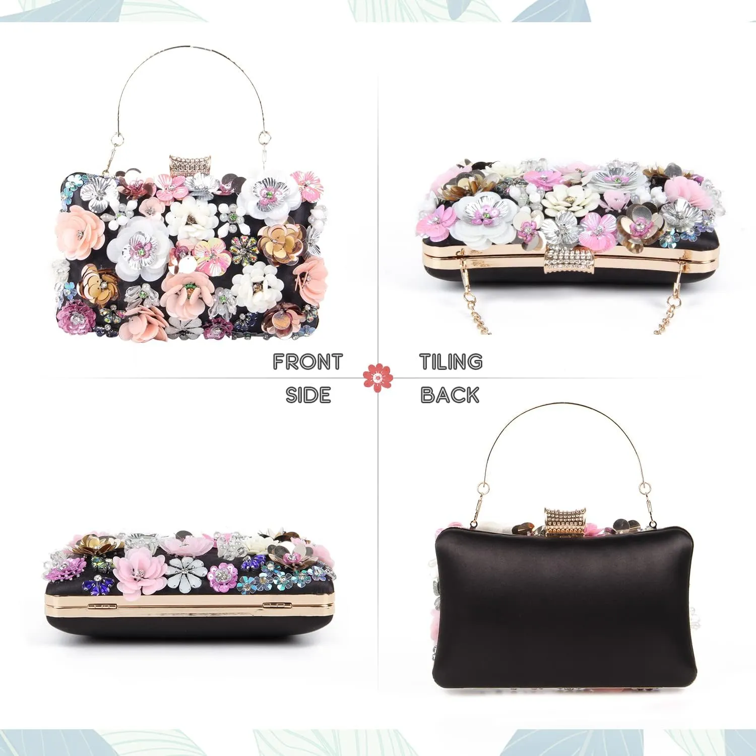 KUANG! Women's Floral Flower Evening Handbags Colorful Rhinestone Clutch Purses Floral Bride Wedding Chain Shoulder Bag