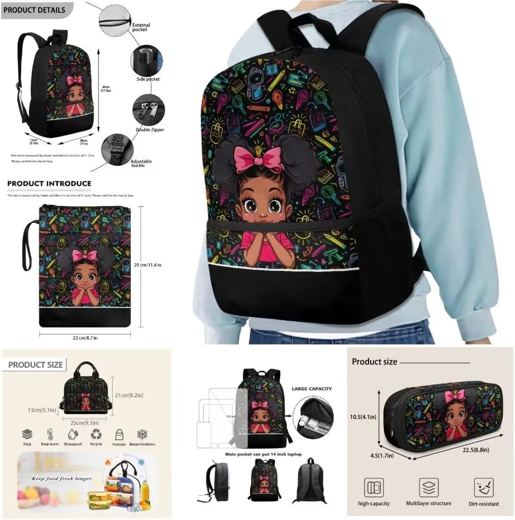 Kuiaobaty African Girls Who Read Backpacks with Lunchboxes for Girls Cute Book Bag and Pencil Case/Book Cover Waterproof School Bag for College Gift for Birthday
