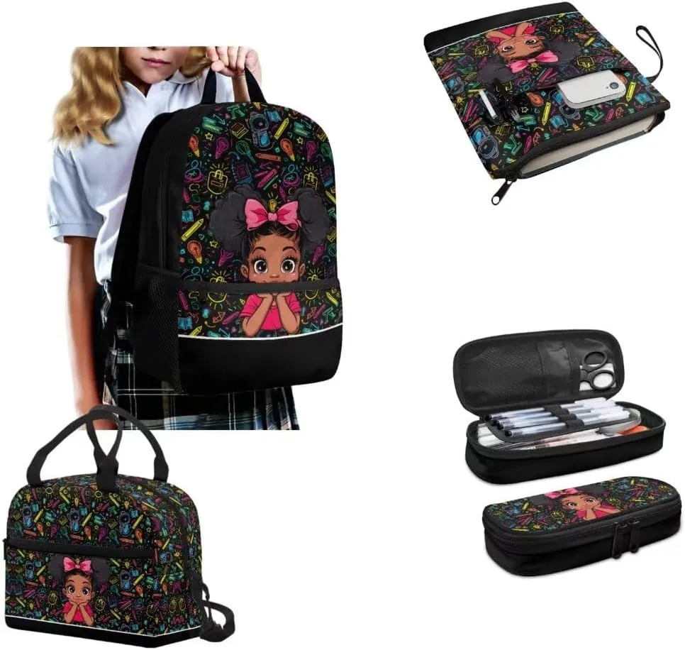 Kuiaobaty African Girls Who Read Backpacks with Lunchboxes for Girls Cute Book Bag and Pencil Case/Book Cover Waterproof School Bag for College Gift for Birthday