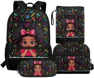 Kuiaobaty African Girls Who Read Backpacks with Lunchboxes for Girls Cute Book Bag and Pencil Case/Book Cover Waterproof School Bag for College Gift for Birthday