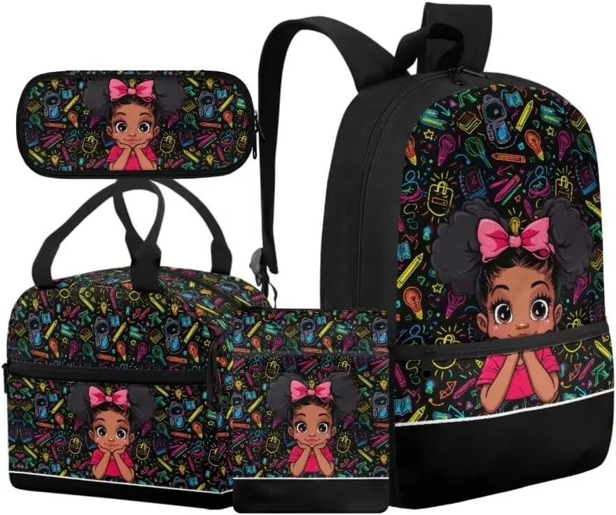 Kuiaobaty African Girls Who Read Backpacks with Lunchboxes for Girls Cute Book Bag and Pencil Case/Book Cover Waterproof School Bag for College Gift for Birthday