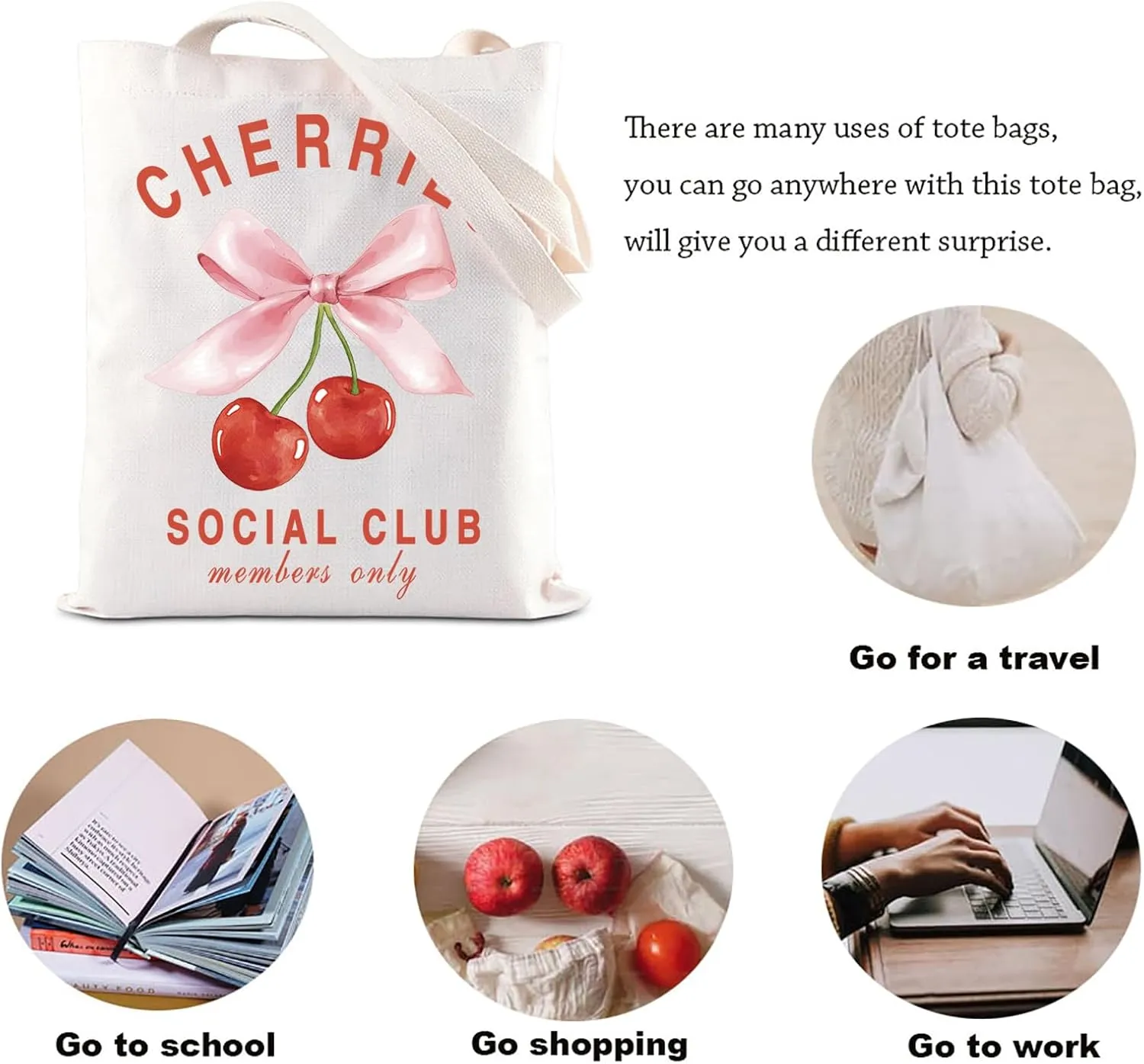 KUIYAI Coquette Cherry Tote Bag - Soft Girlie Gift with Pink Bow & Cherries