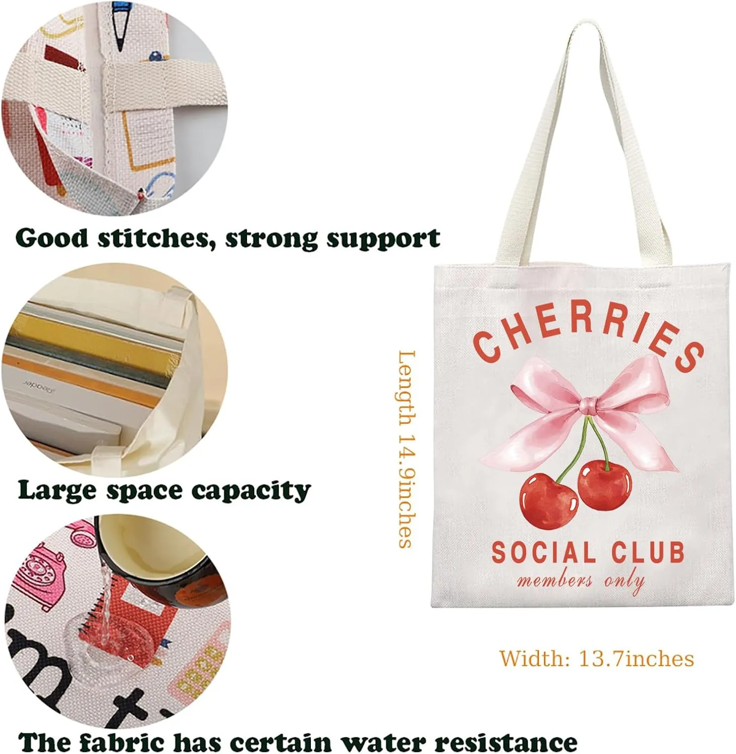 KUIYAI Coquette Cherry Tote Bag - Soft Girlie Gift with Pink Bow & Cherries