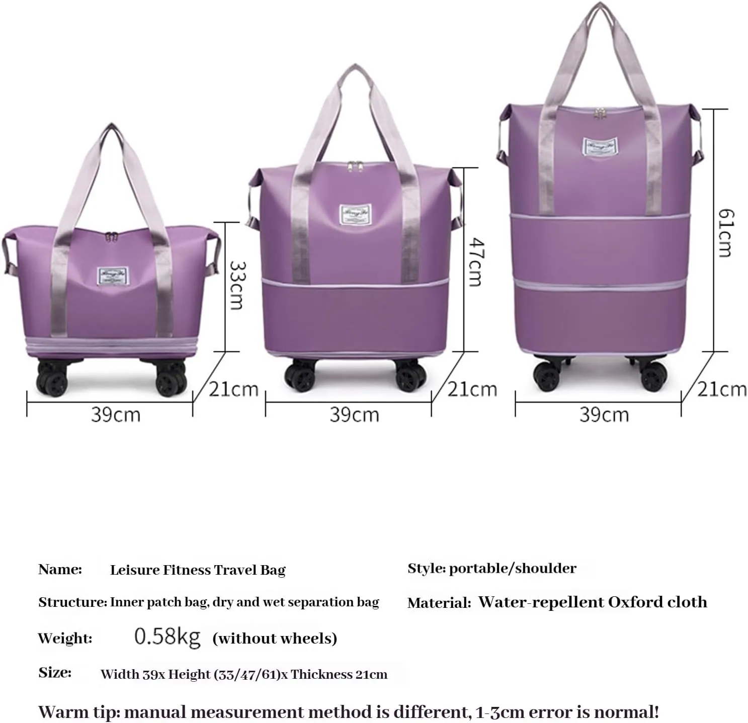 Kulken Beente Travel Bag With Wheels 2025 New Large Capacity Travel Bag Universal Wheel Removable (Purple)