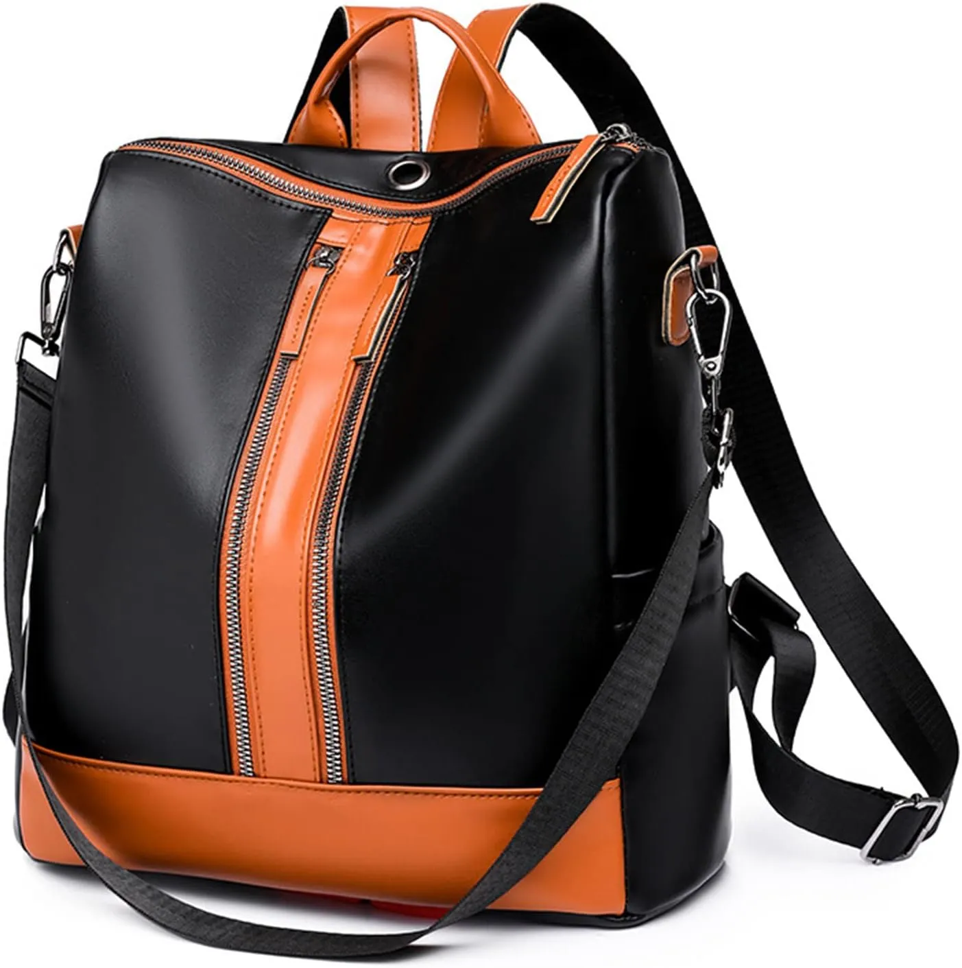 Ladies Fashion Versatile Color Matching Leather Shoulder Bag Casual Light Zipper Student Backpack (Black, One Size)