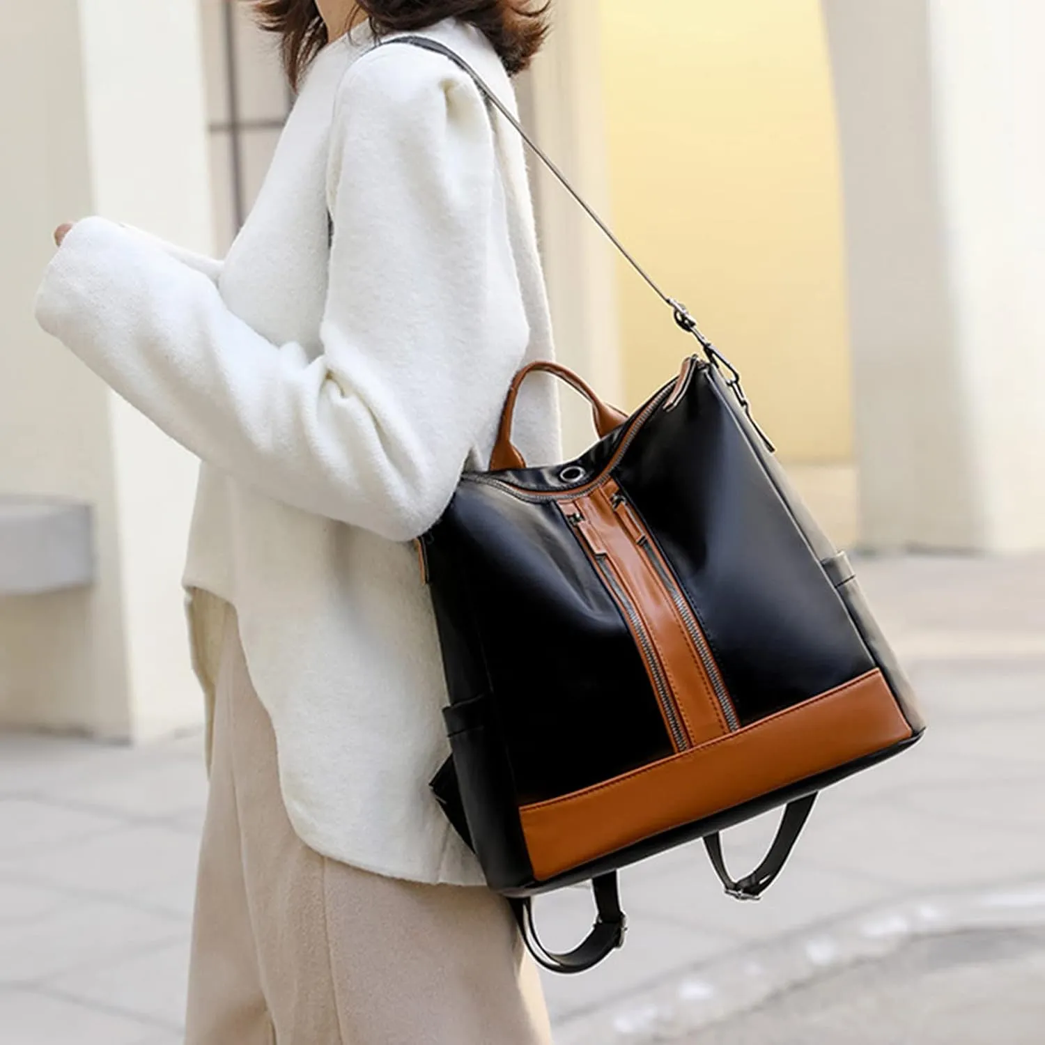 Ladies Fashion Versatile Color Matching Leather Shoulder Bag Casual Light Zipper Student Backpack (Black, One Size)
