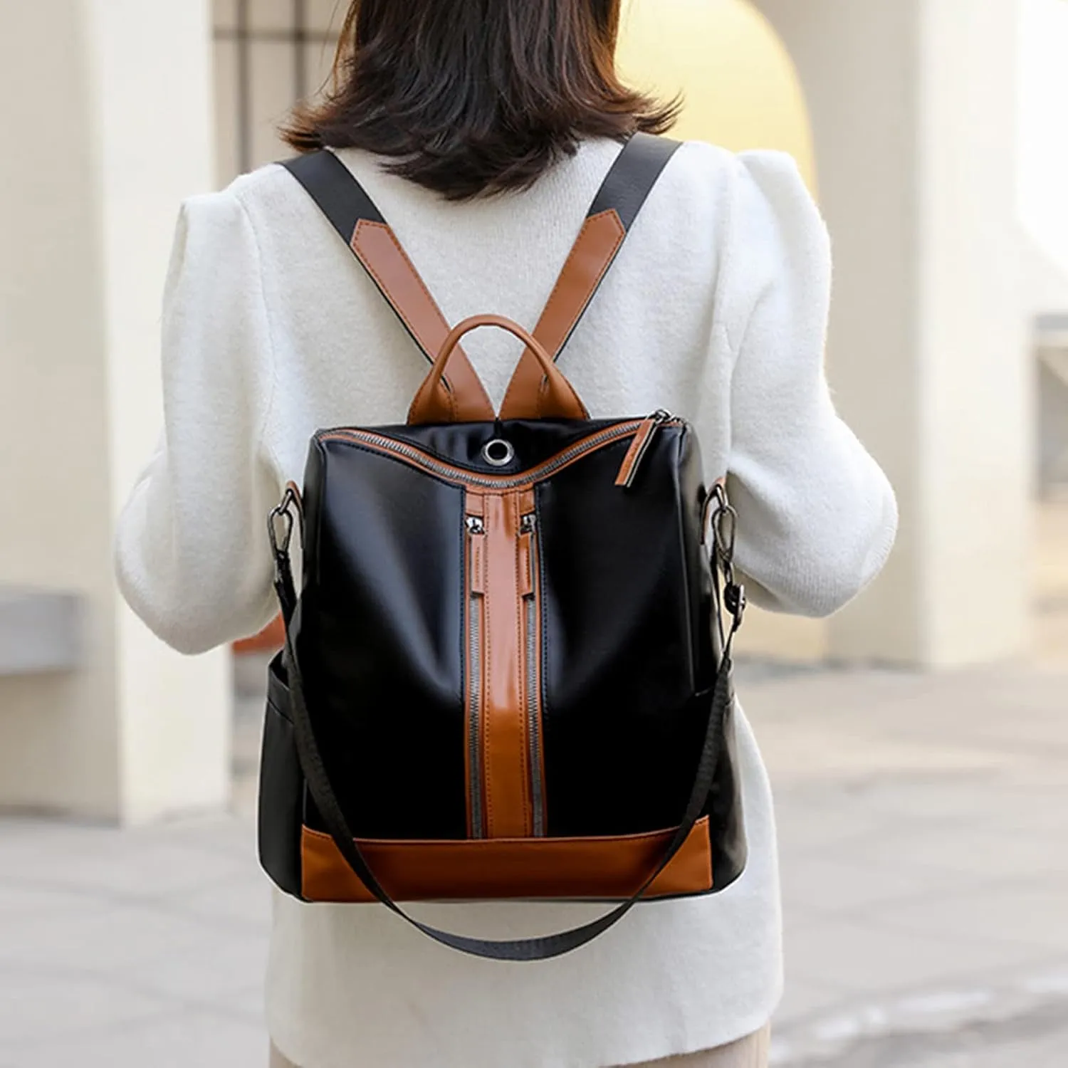 Ladies Fashion Versatile Color Matching Leather Shoulder Bag Casual Light Zipper Student Backpack (Black, One Size)