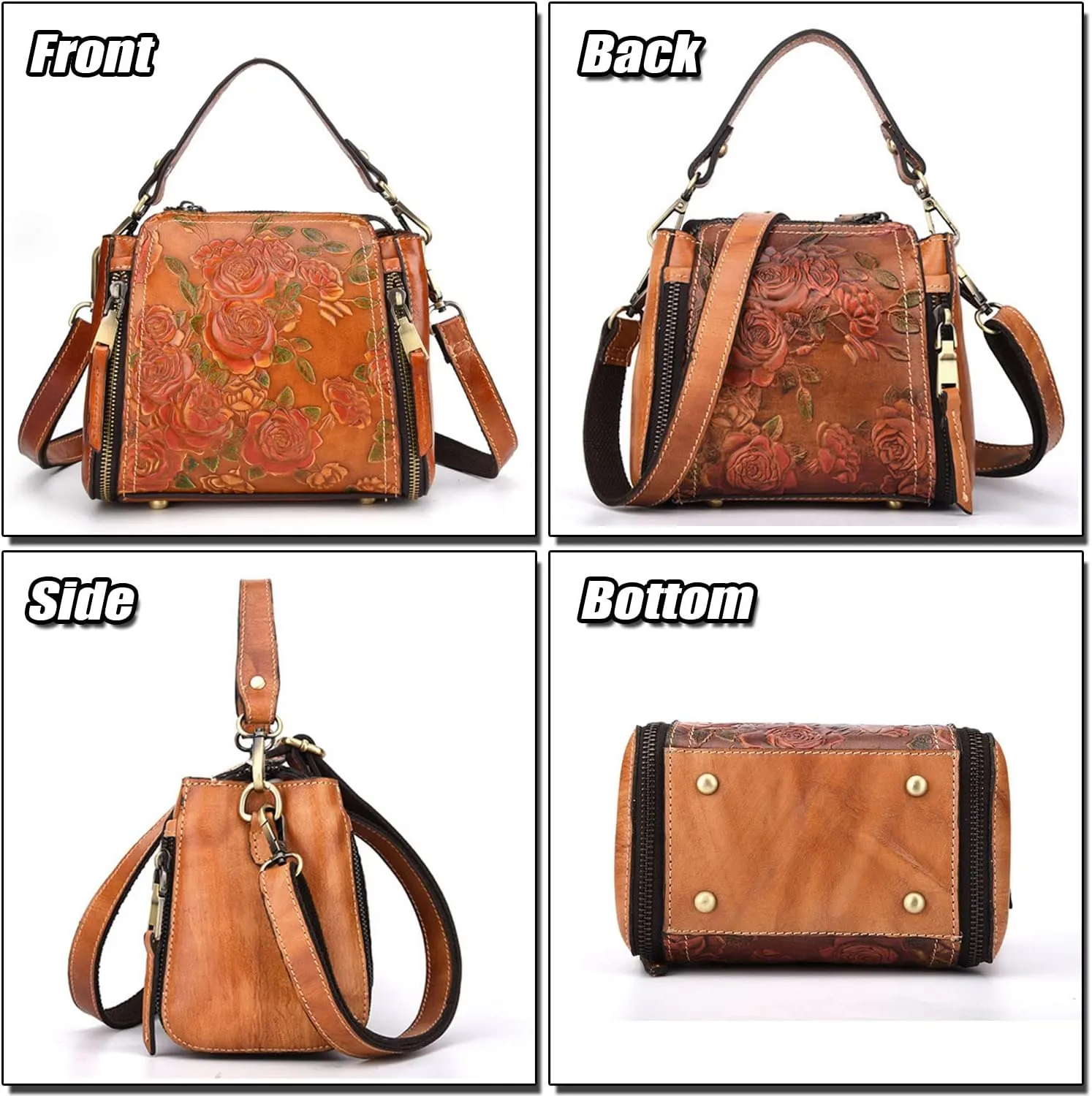 Ladies Vintage Shoulder Bag, Leather Crossbody Bag with Embossed Flower Pattern, Designer Fashion Handbag for Women