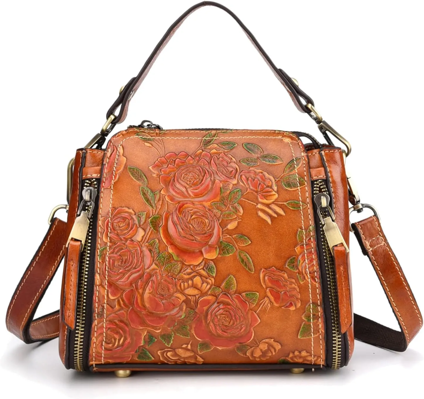 Ladies Vintage Shoulder Bag, Leather Crossbody Bag with Embossed Flower Pattern, Designer Fashion Handbag for Women