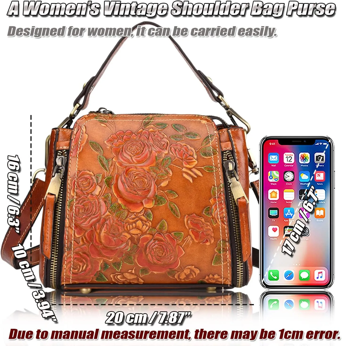 Ladies Vintage Shoulder Bag, Leather Crossbody Bag with Embossed Flower Pattern, Designer Fashion Handbag for Women