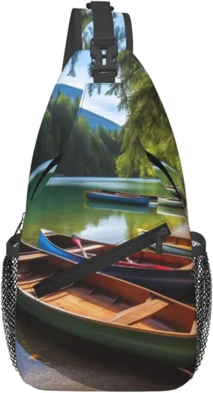 Lake with Boats Canoes Park Crossbody Bags for Men Women Fashion Sling Backpack Casual Chest Bag Travel Hiking Daypack