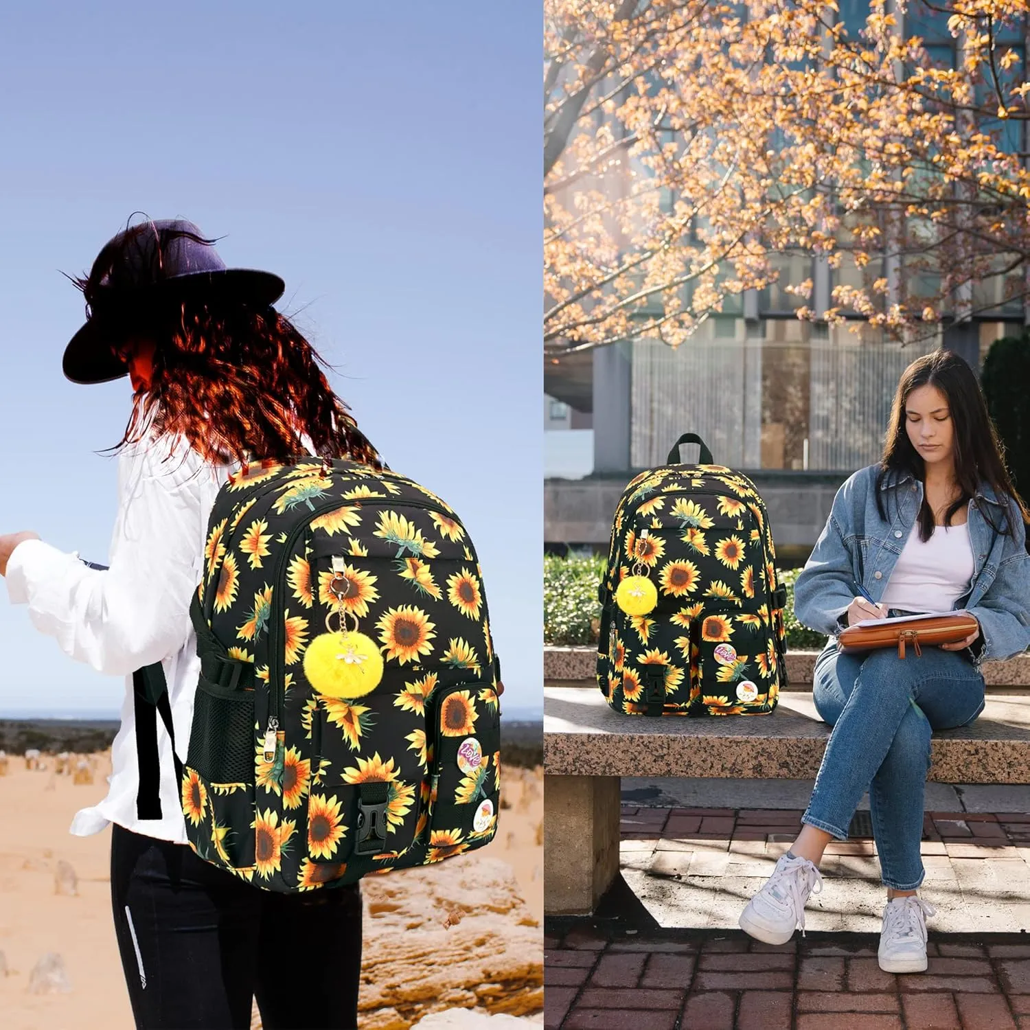 Laptop Backpacks 15.6 Inch College Backpack Elementary Middle High School Book Bag Cute Bookbags Anti Theft Travel Back Pack Casual Daypack Kids for Teens Girls Women Students (Sunflower Black)